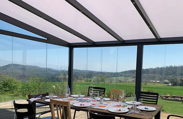 Terrassenüberdachung Polycarbonat mit Glasschiebewand